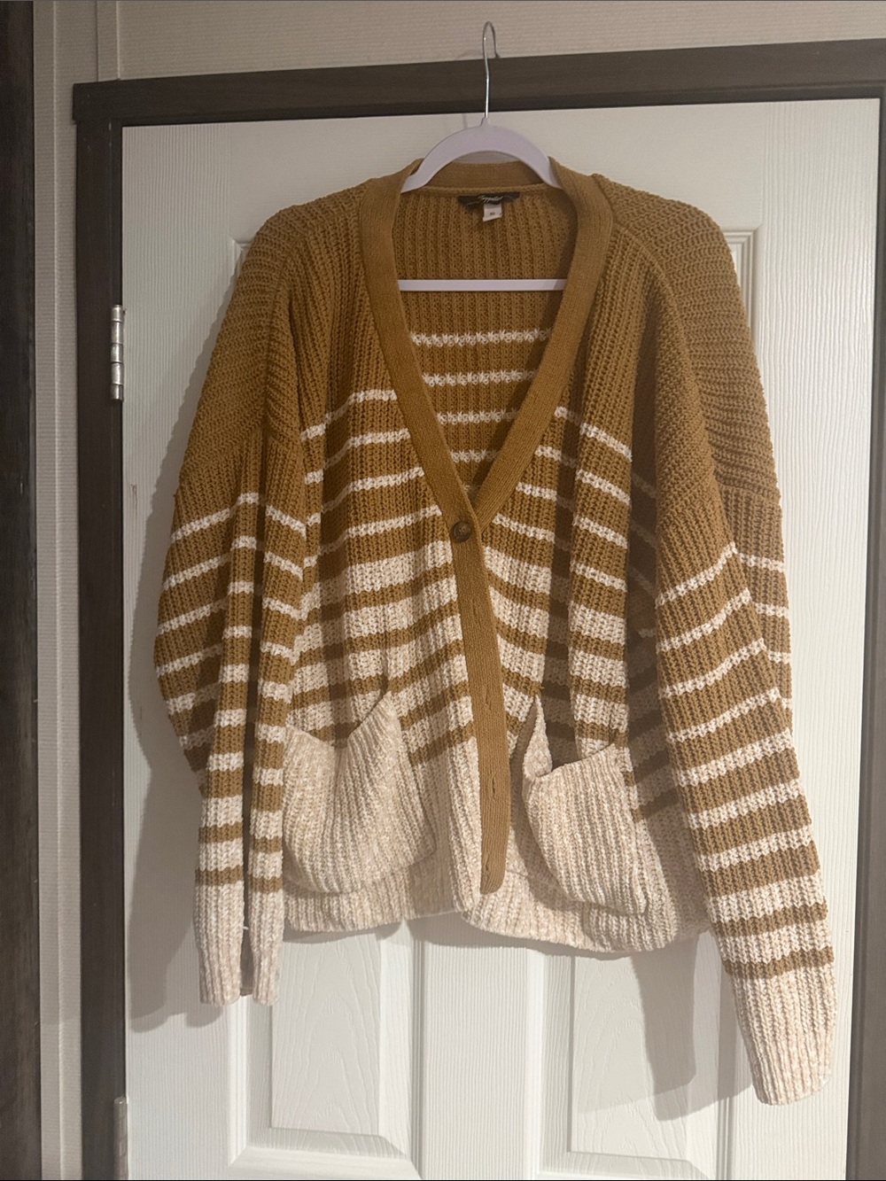 Cozy Striped Button-Front Cardigan in Mustard and Cream